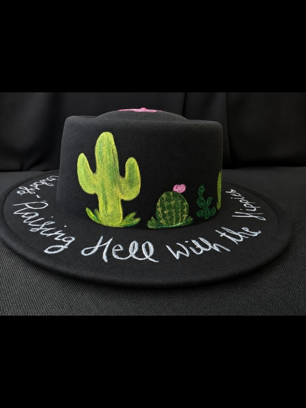 Hand Painted Black Wide Brim Hippie Hat Pink Rose Boho Western